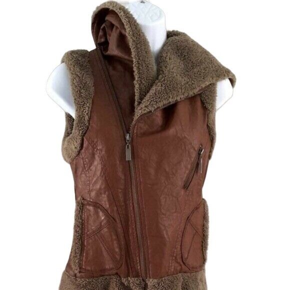 Miilla Shearling Faux Leather Vest Brown Small Lined Zip Pockets Hood Vegan READ - Picture 2 of 13